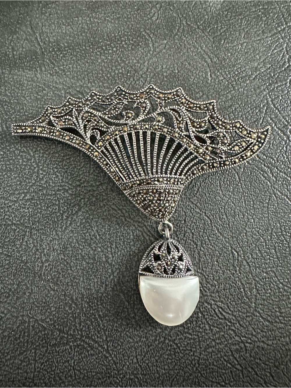 Silver Marcasite Fan Brooch with White Pearl Drop
